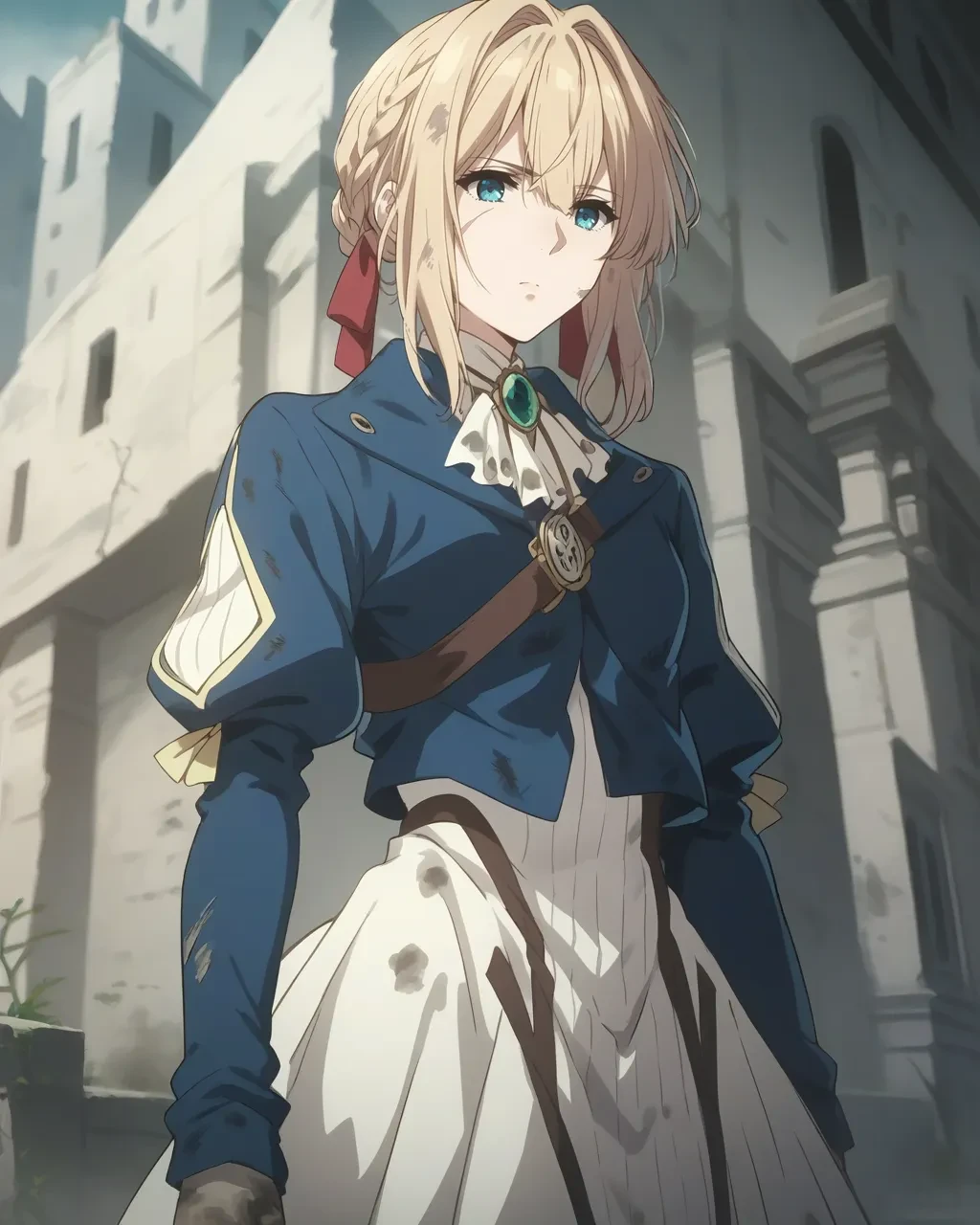 score_9,score_8_up,score_7_up,best quality, 4k, rating_safe, very aesthetic, source_anime,1girl,<lora:Violet_Evergarden:0.8>,violet evergarden,blonde hair,green eyes,blue jacket,dress,expressionless,dynamic angle,cowboy shot,
dirty,scar,frustrated,ruins,,