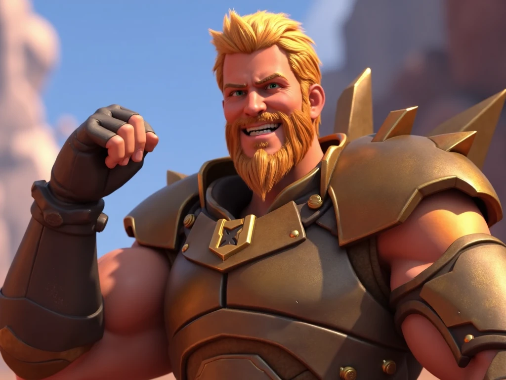 <lora:OverwatchCinematicStyle-guy90-FluxV1:1>, Overwatch Cinematic Style, a muscular man wearing armor. He has blond hair and a long beard. There is a scar on his face near his eye. He has blue eyes. He is flexing. depth of field, he has a big smile