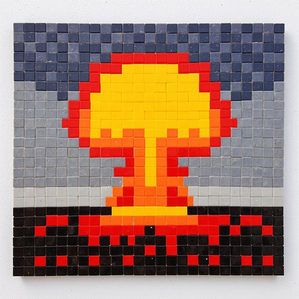 1nv4d3r style ceramic tile mosaic of a nuclear explosion on a city, made entirely of single layer of equally sized 1 inch square ceramic tiles, large