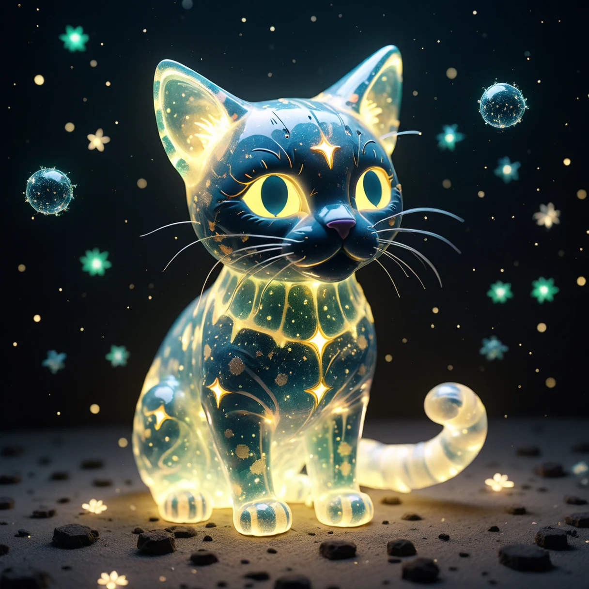 xslx, glowing translucent cat statue surrounded by glowing particles <lora:fx-01:.4>