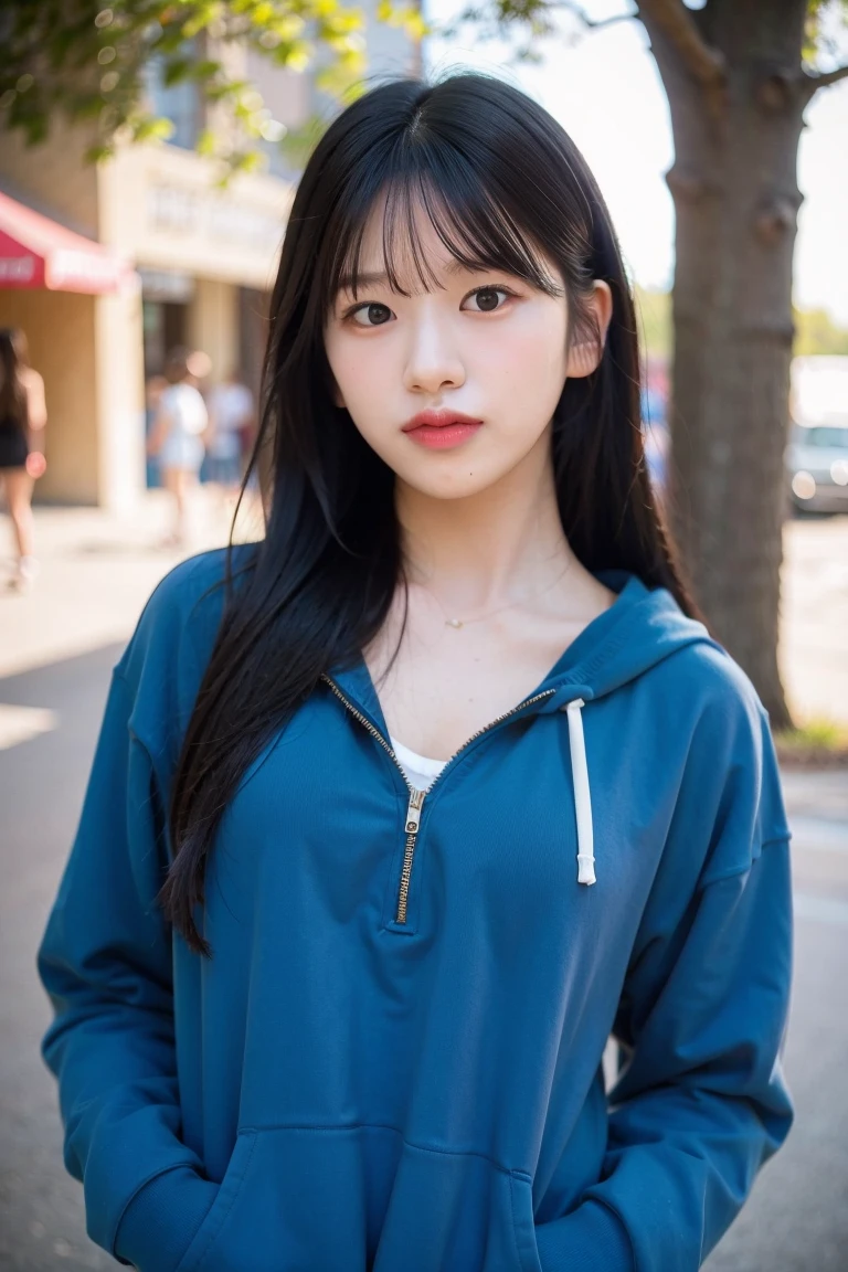 upper body photo of iveyujin in blue hoodie, makeup, streets, day, hard shadows, (photorealistic:2.0), <lora:iveyujin-v3:1>