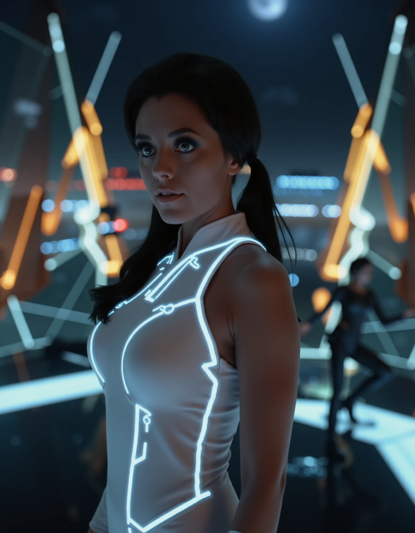 a detailed photo-realistic full-body portrait of DawnWellsFlux, a beautiful woman, in a sexy pose, with blue eyes, black hair, twin tails, hair bows, long hair, a smile, a closed mouth, blue eyes, big breasts, athletic, toned body, white bodysuit, body covered, tan skin, glowing clothes, glowing circuit patterns on clothes, red glow, yellow glow, white glow, orange glow, green glow, blue glow, glowing boots, ultra-realistic shadows, ethereal, illuminated by glowing lights, vibrant colors, dreamlike atmosphere, fiery glow, enchanted lighting, expressive eyes reflecting the glowing light, soft, ethereal glow around the figure, delicate and detailed facial features, golden light, intricate patterns in the background, panoramic vista of a futuristic city at night raining, Tron legacy style, <lora:TronFLUX:1>, <lora:DawnWellsFlux:1>