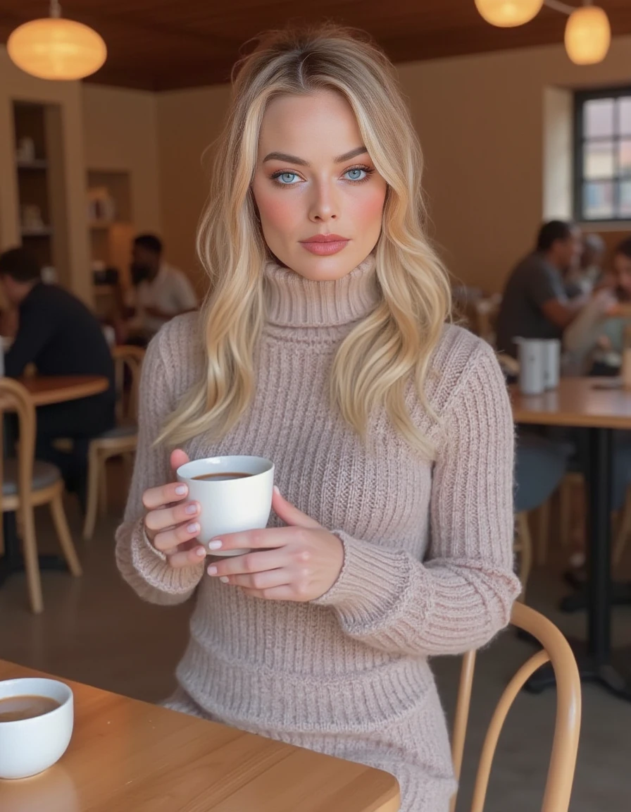 <lora:Margot_Robbie:1> realistic photo of margotrobbie, makeup,  wearing a fitted turtleneck sweater dress,  in a cafe having a coffee.