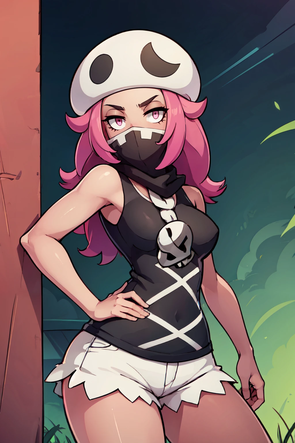 ((masterpiece,best quality)), absurdres,  BREAK, , <lora:Skull_Grunt_Pokemon:0.8>, zzSkullGrunt, pink eyes, pink hair, long hair, dark skin, white hat, bandana, sleeveless, black shirt, white short shorts, , BREAK, hip to the side, contrapposto,, BREAK, solo, smile, looking at viewer, cowboy shot,