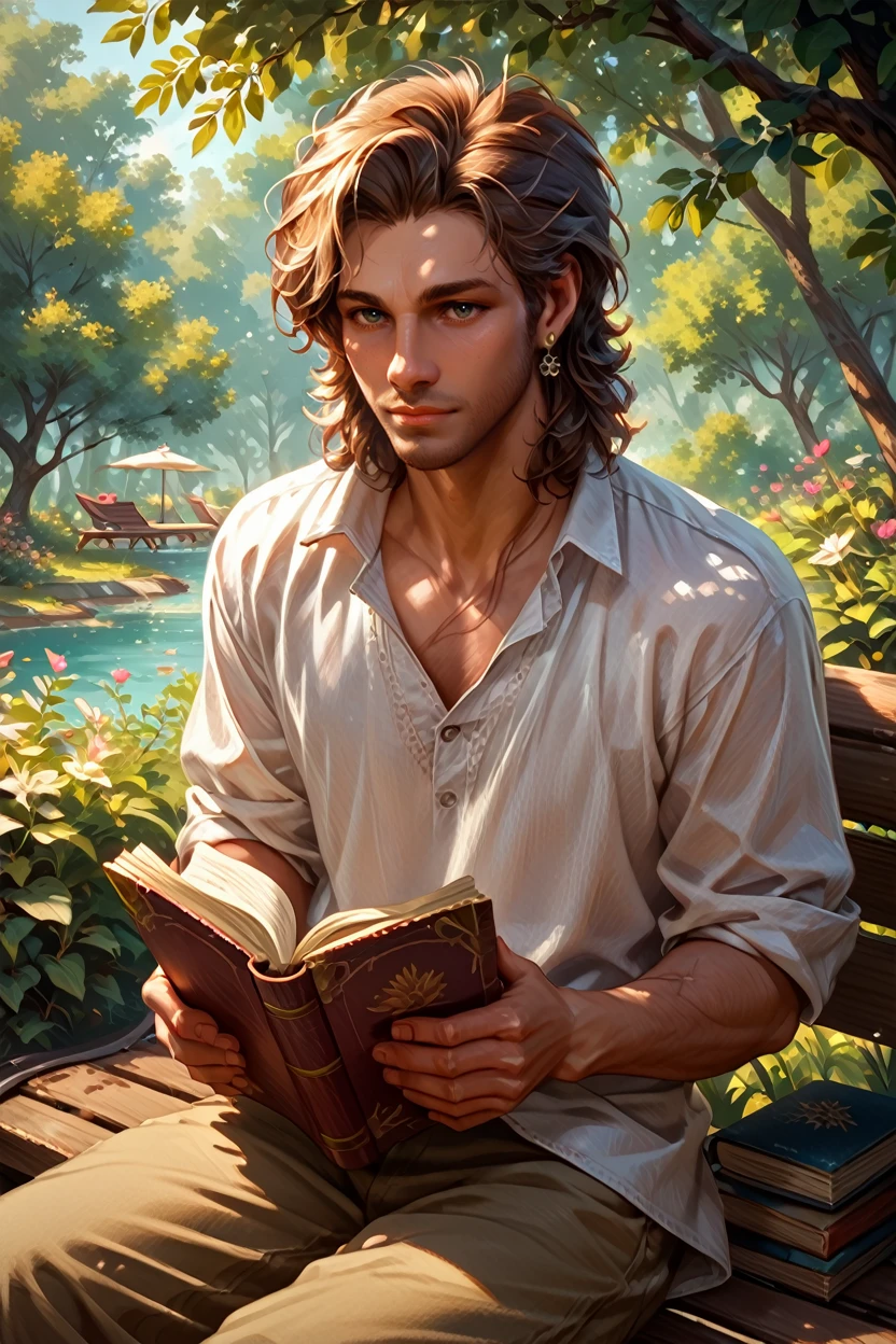 score_9, score_8_up, score_7_up, score_6_up
<lora:BGGale:1.0>
BGGale, 1boy, earring, brown hair, looking at viewer, sitting on a bench in a tranquil park, wearing casual clothes, reading a book, dappled sunlight filtering through the trees, peaceful and relaxed vibe