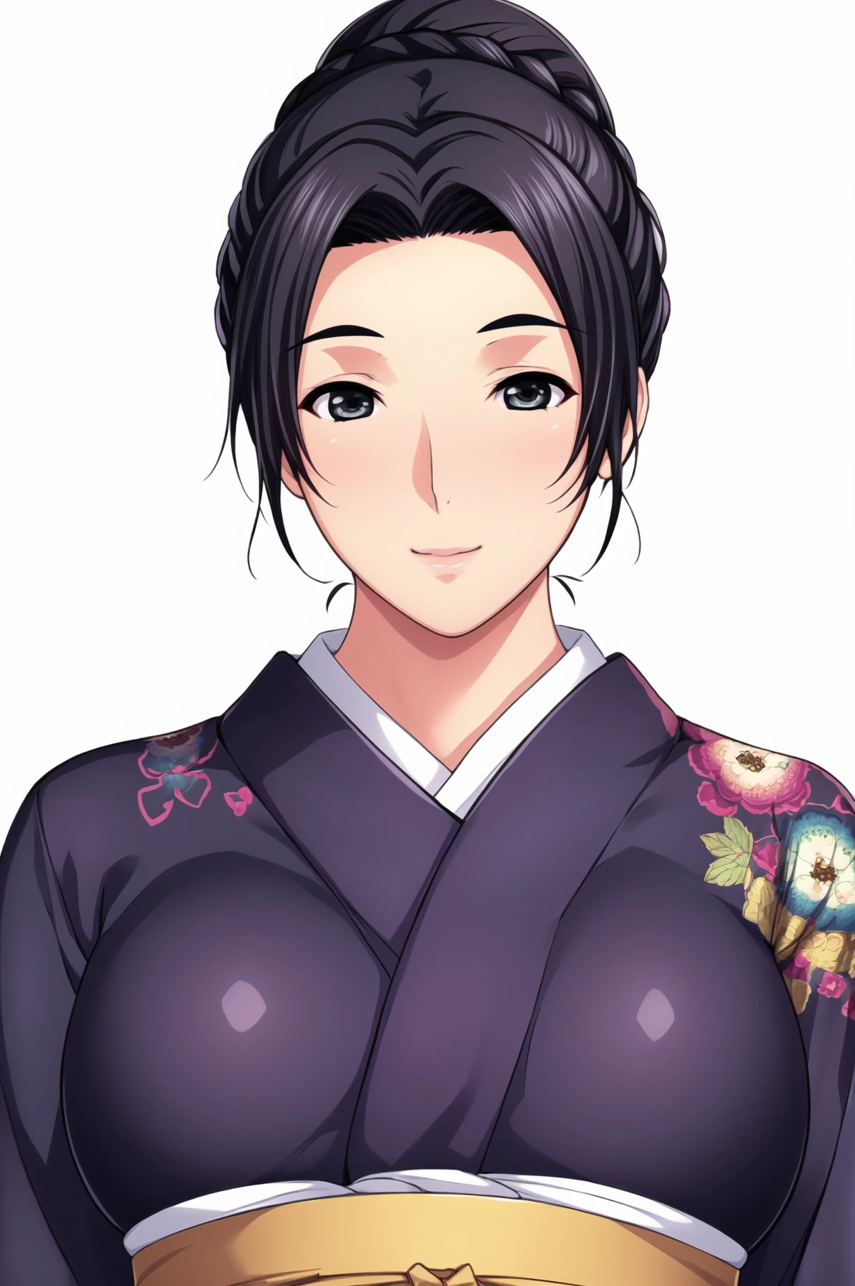 Simple Background,(White_Background),
dynamic pose,standing at attention,
Black kimono, japanese clothes, long sleeves, wide sleeves, floral print, 
<lora:Sumi_Kiriya_kiriya-KK77-V1:0.7>,Sumi_Kiriya_kiriya,
black eyes, black hair,bangs,Short hair,hair bun,
<lora:more_details:0.1>,<lora:NovelAI_YesMix5_KKStyle-KK77-Yes5-V1:0.3>,<lora:Oda_Non_Style2-KK77-Yes5-V1:0.3>,
1 girl, 20yo,Young female,Beautiful long legs,Beautiful body,
Beautiful Nose,Beautiful character design, perfect eyes, perfect face,expressive eyes,perfect balance,
looking at viewer,(Focus on her face),closed mouth, (innocent_big_eyes:1.0),(Light_Smile:0.3),
official art,extremely detailed CG unity 8k wallpaper, perfect lighting,Colorful, Bright_Front_face_Lighting,White skin,
(masterpiece:1.0),(best_quality:1.0), ultra high res,4K,ultra-detailed,
photography, 8K, HDR, highres, absurdres:1.2, Kodak portra 400, film grain, blurry background, bokeh:1.2, lens flare, (vibrant_color:1.2),professional photograph,
(Beautiful,large_Breasts:1.4), (beautiful_face:1.5),(narrow_waist),