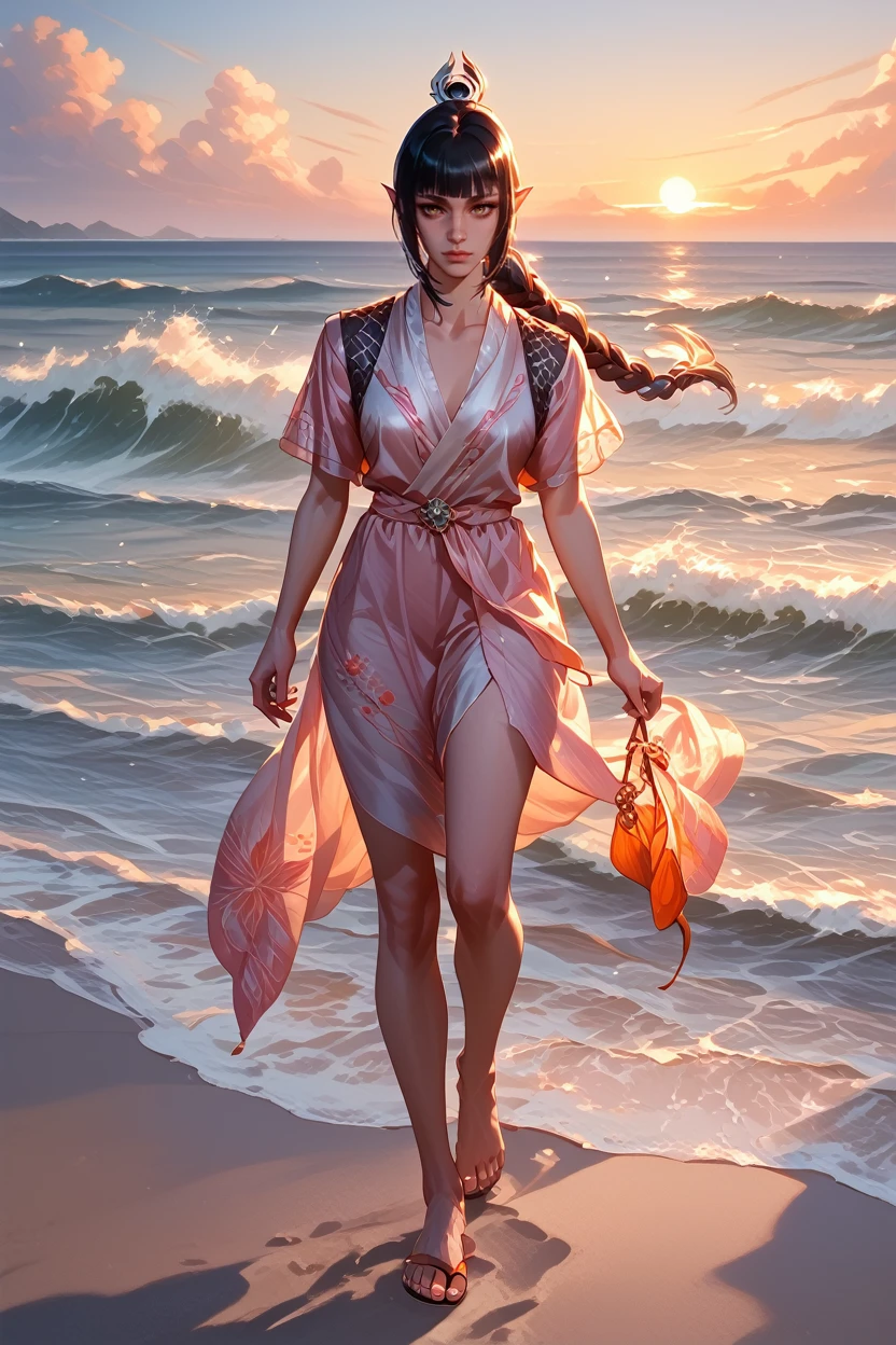 score_9, score_8_up, score_7_up, score_6_up
<lora:BGShadowH:1.0>
BGShadowH, 1girl, braided ponytail, pointy ears, black hair, blunt bangs, looking at viewer, walking barefoot on a sandy beach, holding sandals in one hand, waves gently lapping at the shore, vibrant sunset with pink and orange hues, relaxed and contemplative atmosphere