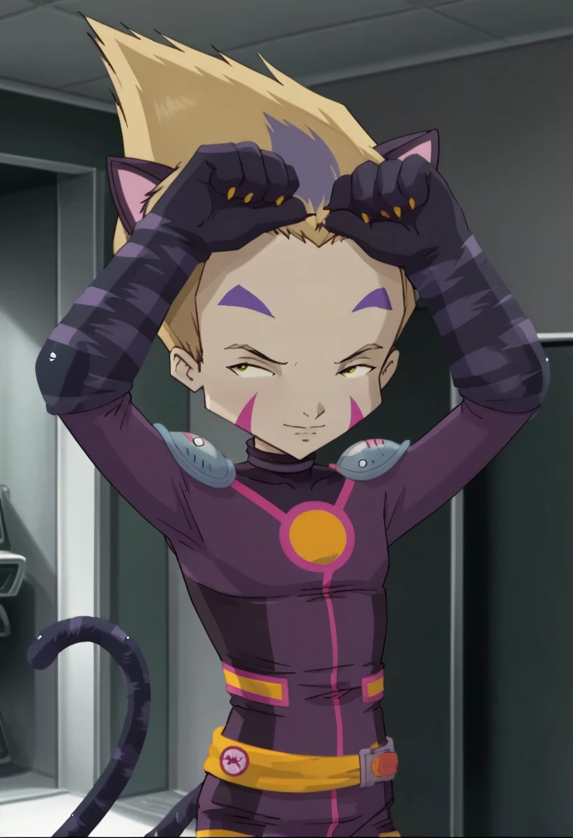 score_9, score_8_up, score_7_up, source_anime, rating_safe, RobbiaCL, yellow-purple_Robbia_hair, 1boy, male focus, anime screencap, purple_Robbia_forehead mark, pink_Robbia_cheek mark, black-pink_Robbia_cat ears, purple-yellow_Robbia_bodysuit, grey_Robbia_shoulder pads, purple-yellow_Robbia_gloves, yellow_Robbia_cloth belt, dark blue_Robbia_cat tail,