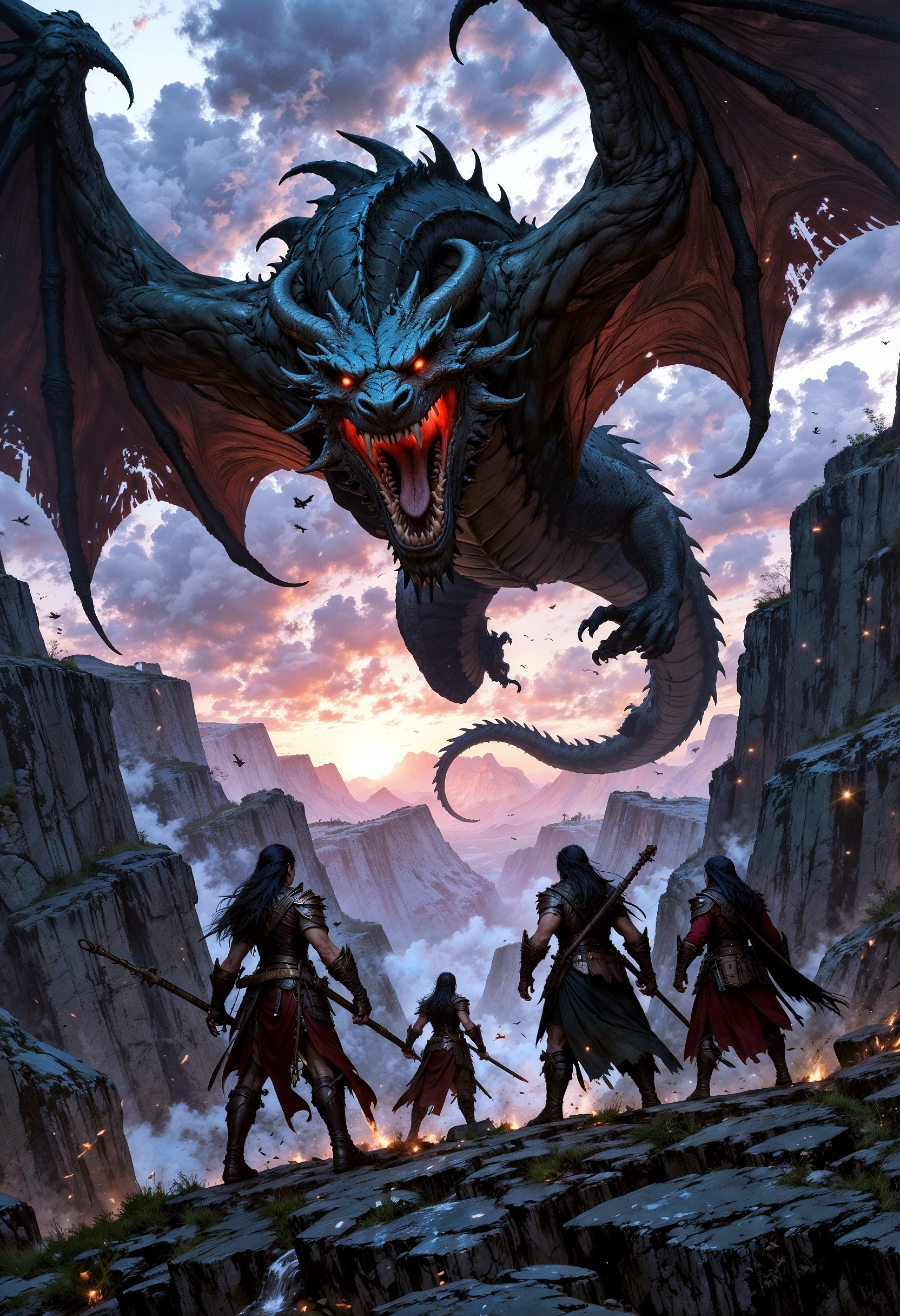 FluxEpicDragon, three stunning warrior women, in bronze armor, armed with swords and spears, in battle stances, face a majestic fearsome dragonswooping towards them, on a mountaintop overlooking a deep gorge, viewed from behind them. Stormy sky, black clouds with shafts of reddish light from a setting sun. Perfect Composition, realistic photographic image, RAW photo highest quality, perfect directional lighting, dynamic, cinematic  <lora:FluxEpicDragons:1>