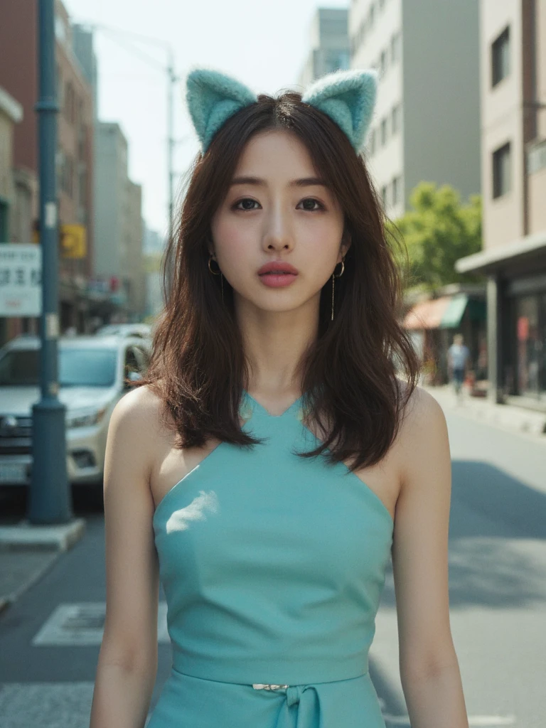 Portrait of satish woman standing on a street corner. She has shoulder long brown hair and is looking at the camera. She is wearing earrings and has plush cat ears on her head. Her elegant cyan Japanese dress is reflecting the sunlight but revealing her shoulders.