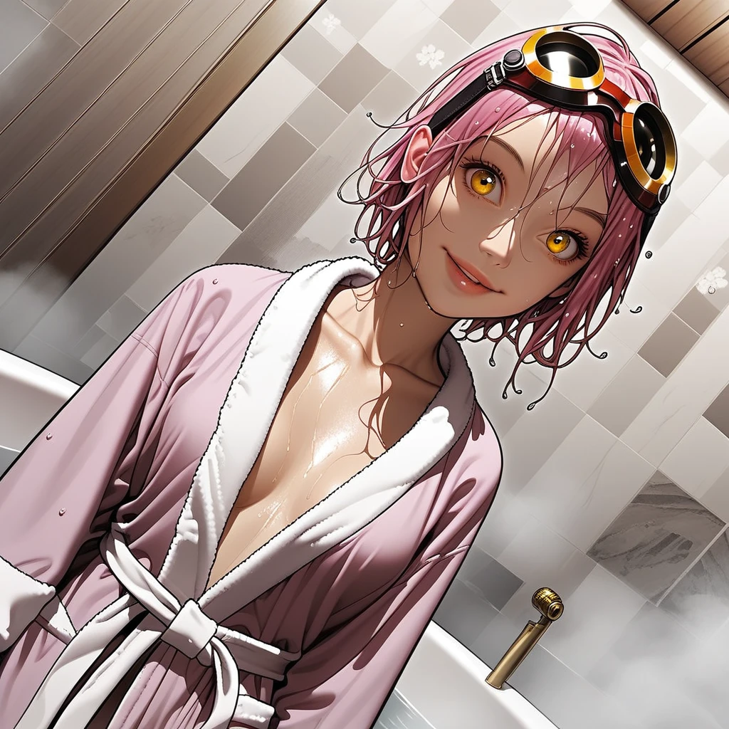 1girl, pink hair, short hair, and vintage-style goggles resting on head, googles not over the eyes. bright yellow eyes, oval face, pale skin, slim body, short high, full lips, medium breast, detailed background, bathrobe, open bathrobe, indoors, doorframe, bath, standing, wet hair, smiling, happy, lovely, cowboy shot, dutch angle