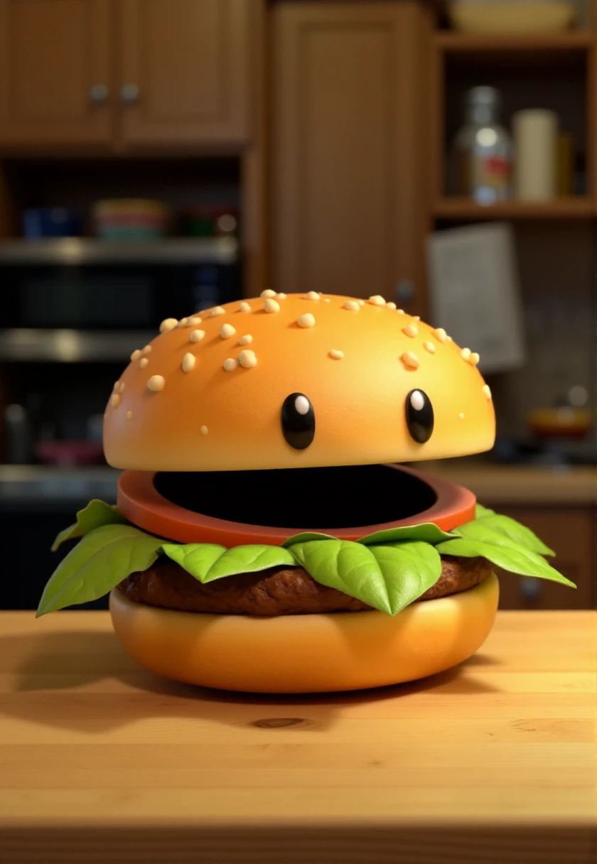 <WARNING: Don't remix this at the listed strength, bring it down to 1.0 - 1.2!>
mariorpgstyle, hamburger puppet with a mouth and eyes sitting on the kitchen table.   