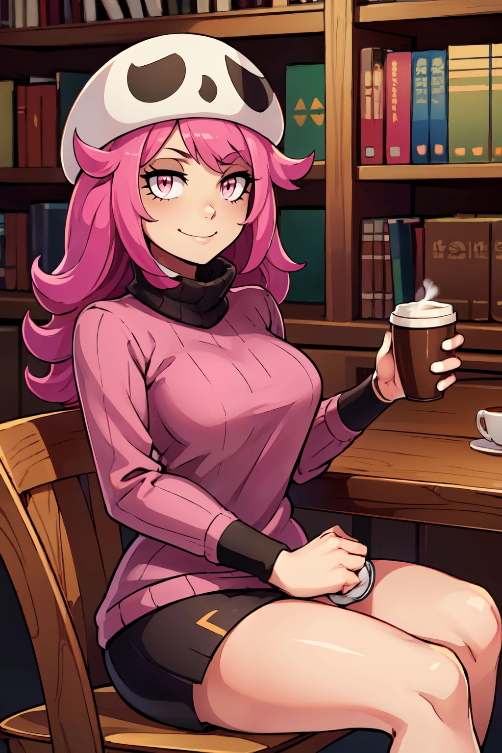 ((masterpiece,best quality)), absurdres,  BREAK, , <lora:Skull_Grunt_Pokemon:0.8>, zzSkullGrunt, pink eyes, pink hair, long hair, , BREAK, turtleneck sweater, earrings, library, cup of coffee, sitting at table, BREAK, solo, smile, looking at viewer, cowboy shot,