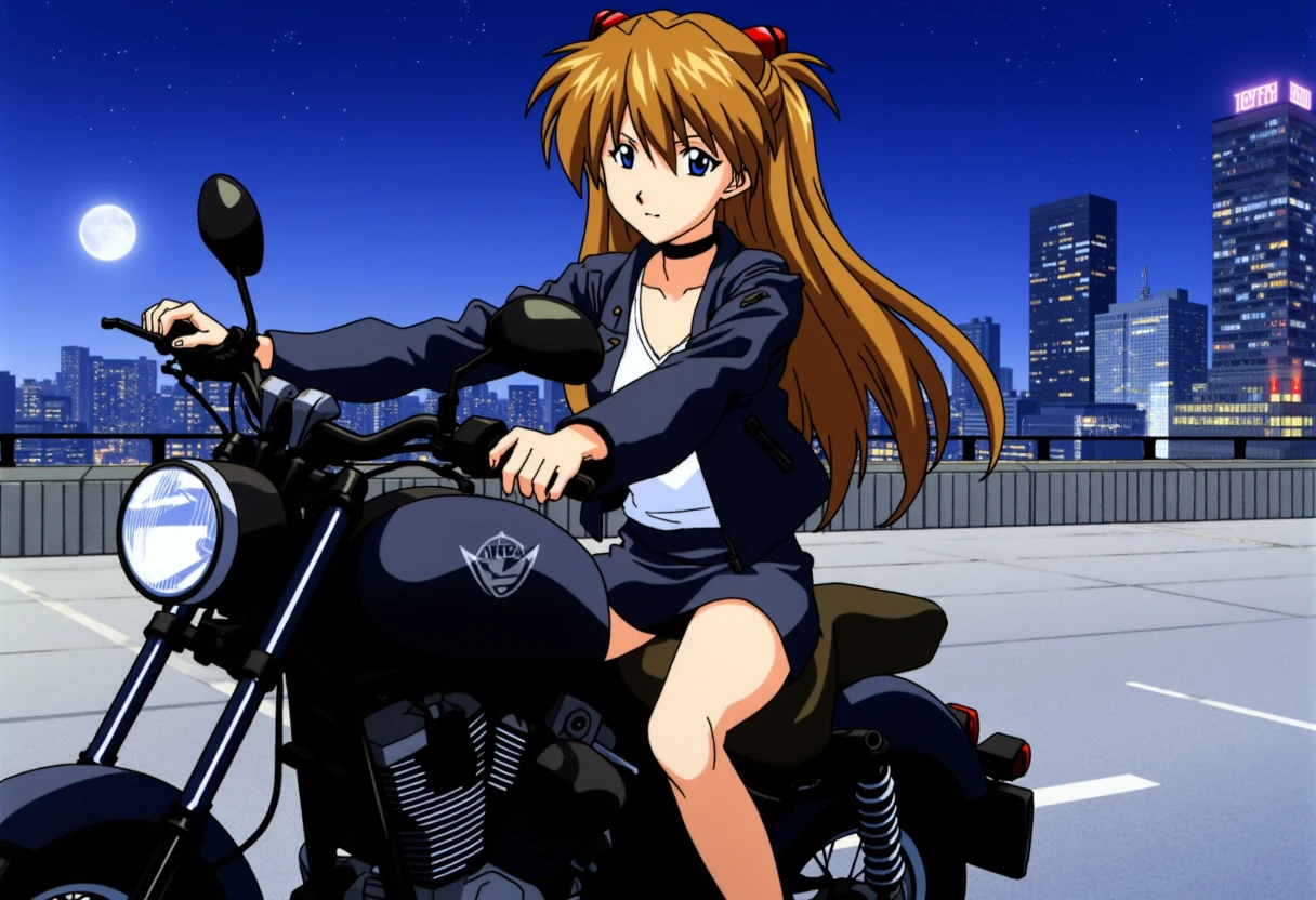 ppasuka, a 14-year old girl, is sitting on a black motorcycle. She wears leather jacket, a choker, short skirt and black stockings. She looks haughty. Tokyo city nightscape in the background.
<lora:asuka_1_2_flux-000005:1>, Japanese anime,