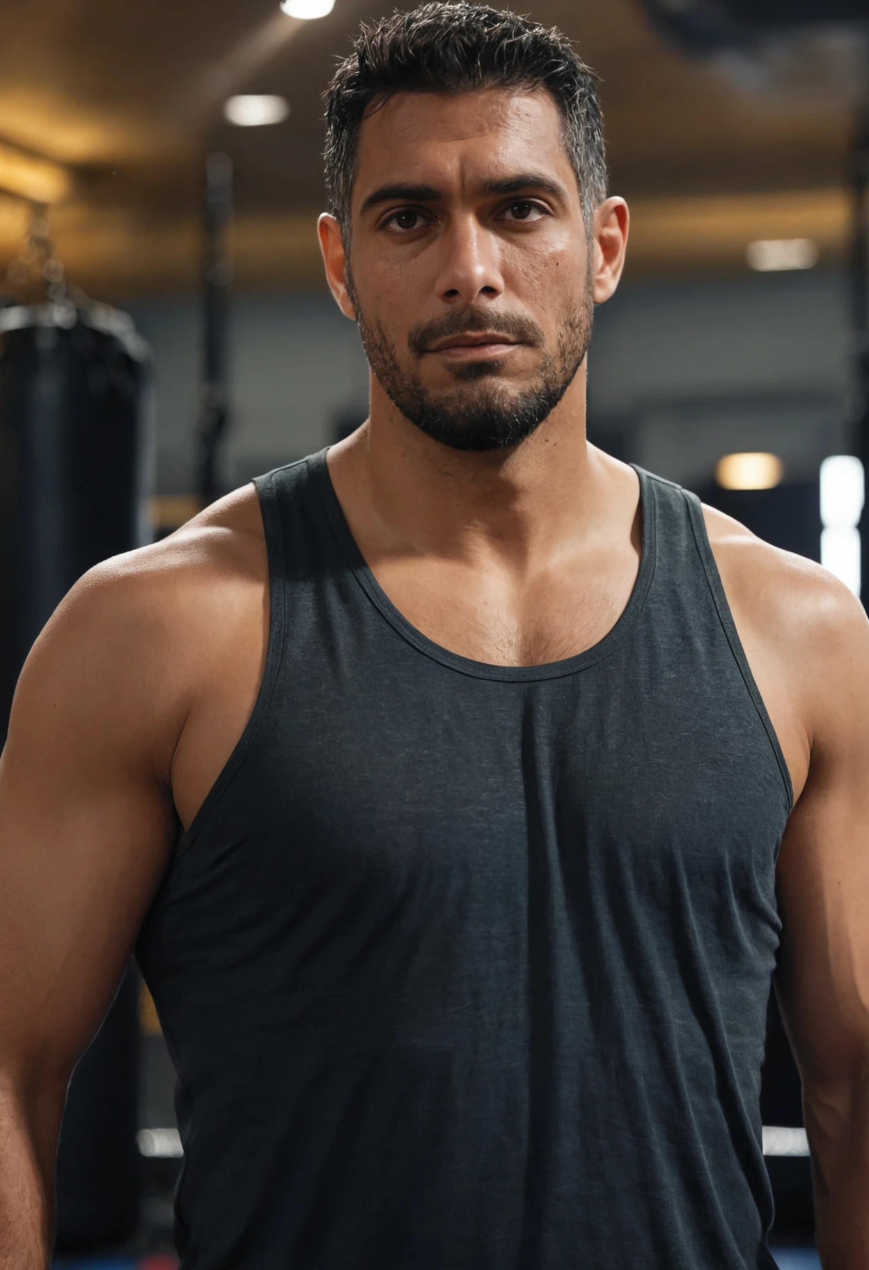 photo of a man, facial hair, boxer training, tank top, serious, stoic cinematic 4k epic detailed 4k epic detailed photograph shot on kodak detailed bokeh cinematic hbo dark moody, <lora:Jim_Garo_SDXL:.9>
