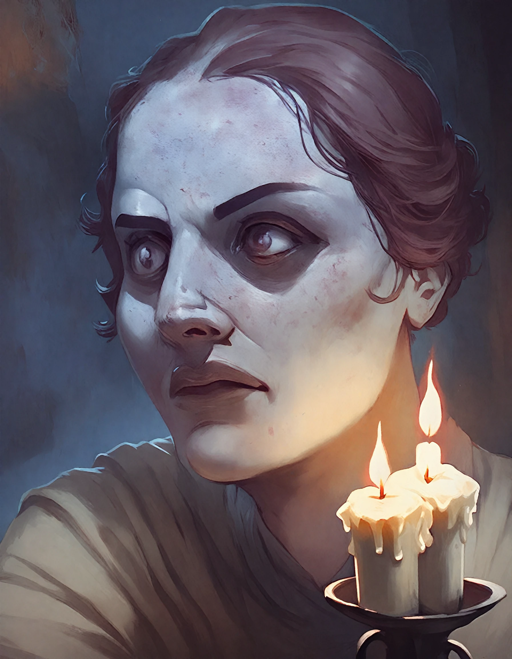 <lora:arkham_pony_j2:1>  art by "arkham horror lcg",   a portrait of a woman sitting in a gloomy study at night by candlelight, score_9, score_6_up, score_7_up