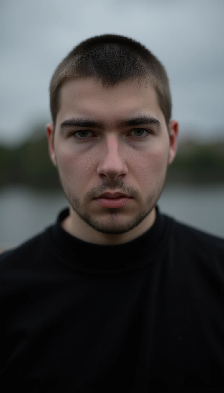 professional photo, closeup portrait photo of mde person, wearing black sweater, serious face, dramatic lighting, nature, gloomy, cloudy weather, bokeh