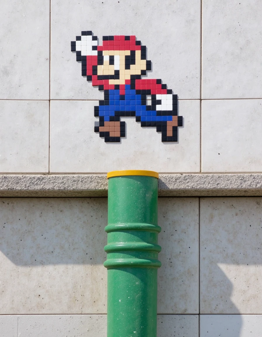 1nv4d3r ceramic tile tiny street art mosaic of super mario jumping. The mosaic is made entirely of single layer of equally sized 1 inch square ceramic tiles, tiny, closeup, high resolution street art photography, on a marble wall behind a large wide vertical green metal plumbing pipe is sticking up out of the ground directly beneath the mosaic, vibrant, rebellious