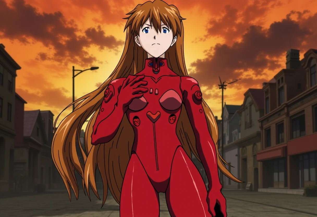 ppasuka stands on a war charring street. She wears red plug suit. She has a serious face. She puts her right hand on her left shoulder, as she has been injured. However, she seems determined and is ready to fight till the end.
<lora:asuka_1_2_flux-000005:1>, anime,