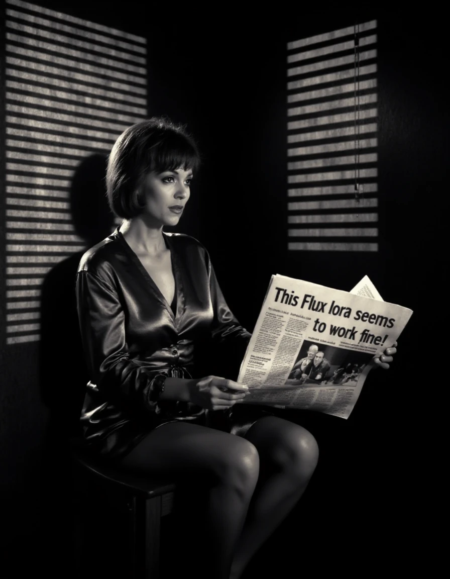 a moody scene featuring a busty woman sitting in a room reading the newspaper. She is sitting next to a window with blinds partially open, casting dramatic shadows across the room and a pattern of light and shadow on her face and the wall behind her. The woman is dressed in a silk robe with a serious expression on her face. The newspaper she is reading has the headline text "This Flux lora seems to work fine!". The overall atmosphere is tense and mysterious, with a classic film noir feel. sinCity <lora:Sin_City_-_Flux_Lora:1>