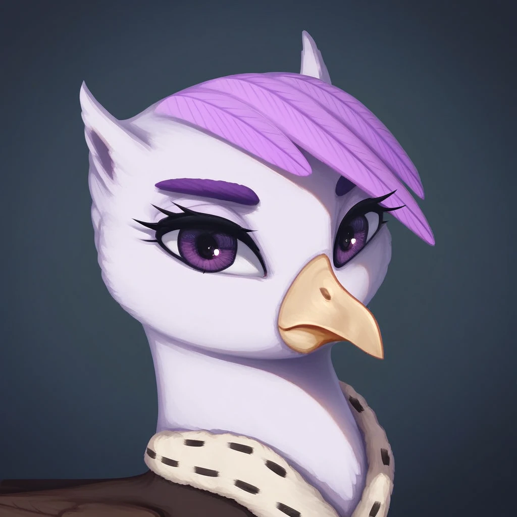 masterpiece, score_9_up, score_8_up, score_7_up, score_6_up, (best quality:1.1), ultra-detailed, high resolution, solo, Taillow Sumpfkiel, countess, griffon, griffon oc, mlp, avian, feral, female, (((beautiful detailed purple eyes))), long eyelashes, purple eyebrows, yelow beak, white feathers, feathery ears, pink feather hair, detailed facial features, portrait, expressiveh, simple background, highly visible, sharp focus, anatomically correct