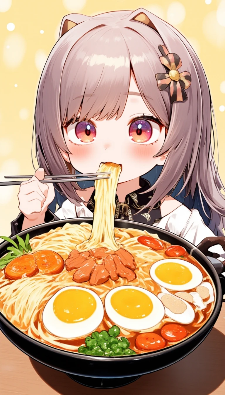 kawaii chibi cute girl eating a huge bowl of ramen with a lot of vegetables and ingredients. Japanese manga drawing Kenji Tsuruta and Junji Ito style high precision, high resolution masterpiece precise elaborate