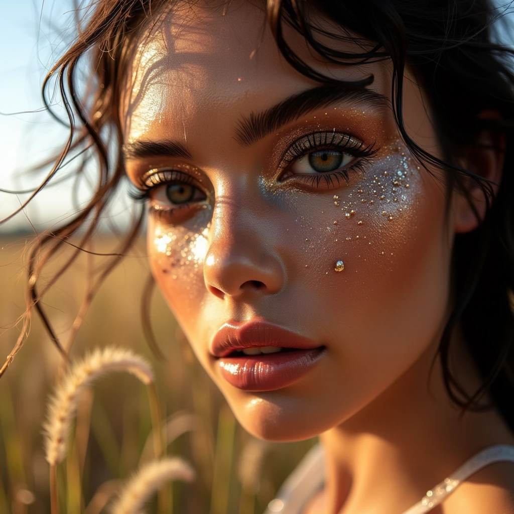 ethereal_makeup, make-up, Close-up of a stunning woman, illuminated by the natural light filtering through a thin layer of clouds in an open field, the soft sunlight gently highlighting her glowing skin, with subtle shadows playing across her face, emphasizing the elegance of her makeup.