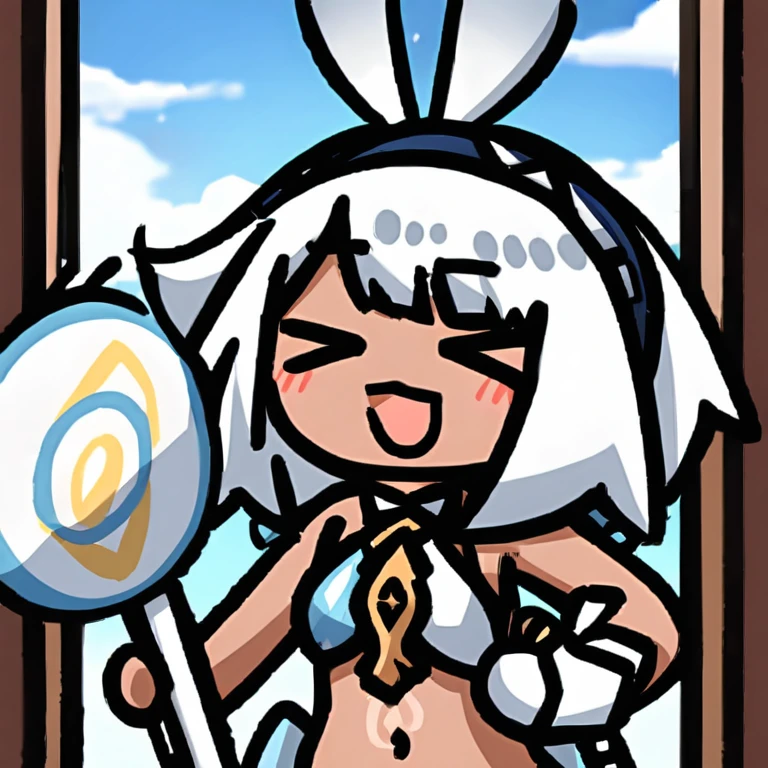 masterpiece, best quality, <lora:muarani-xl:1>, <lora:50Gchibi-v2-xl-a31:1>,chibi,
muarani, 1girl, solo, gloves, smile, open mouth, >_<, white hair, navel, closed eyes, dark skin, :d, fingerless gloves, bare shoulders, white gloves, xd, blush, dark-skinned female, upper body, short hair, blush stickers, sky, holding, hairband, breasts, midriff, cloud, blue sky, rabbit ears, day, bangs, animal ears, halterneck