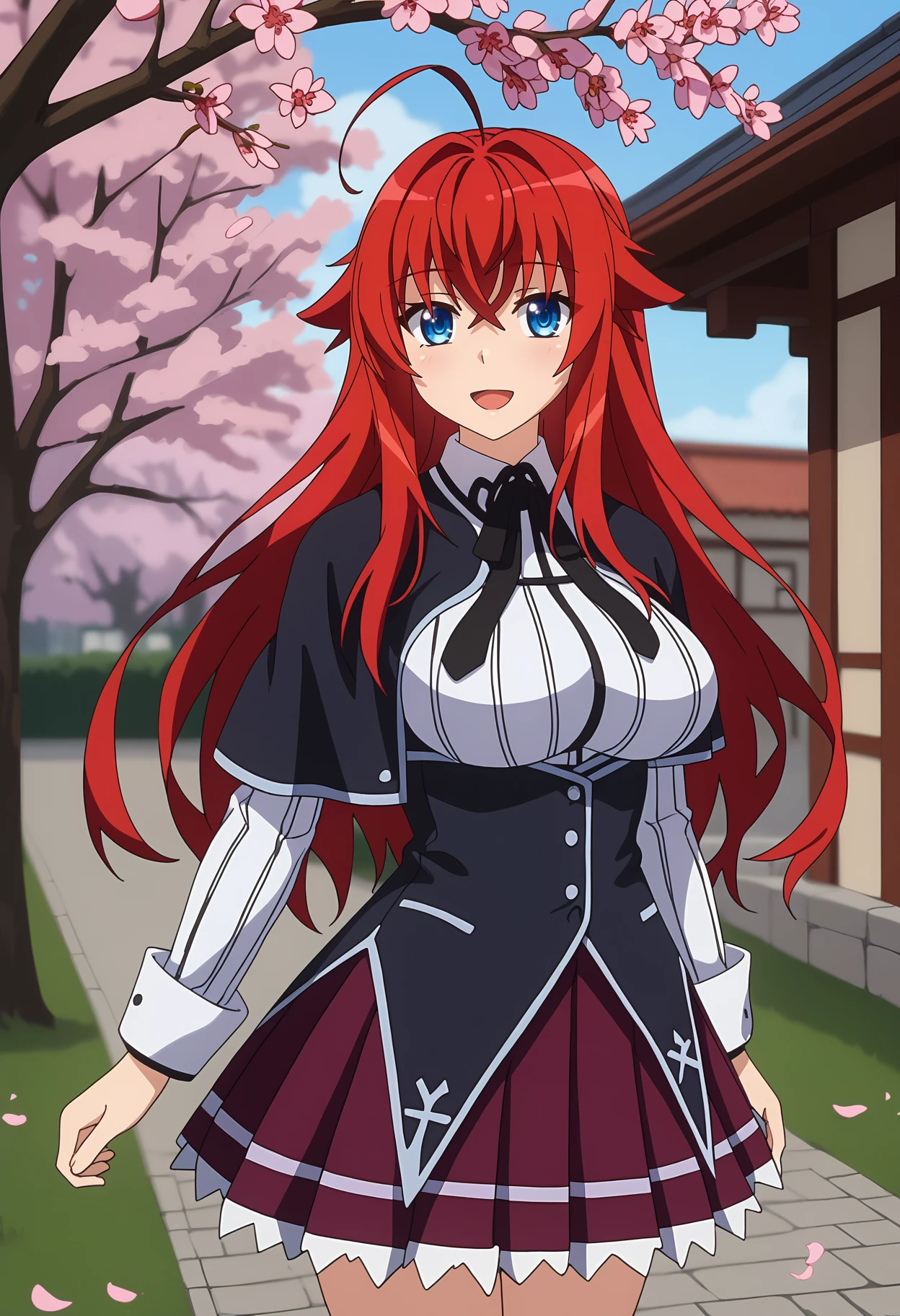 score_9,
<lora:HighschoolDxD_RiasGremoryXL:0.9>,
1girl, solo, open mouth, light smile, light blush,
long hair, red hair, blue eyes, ahoge, crossed bangs,
RiasGremory, black capelet, striped shirt, white shirt, neck ribbon, black ribbon, long sleeves, black corset, buttons, pleated skirt, frilled skirt, purple skirt,
standing, looking at viewer, cowboy shot, thigh gap,
blurry background, outdoors, school, cherry blossoms