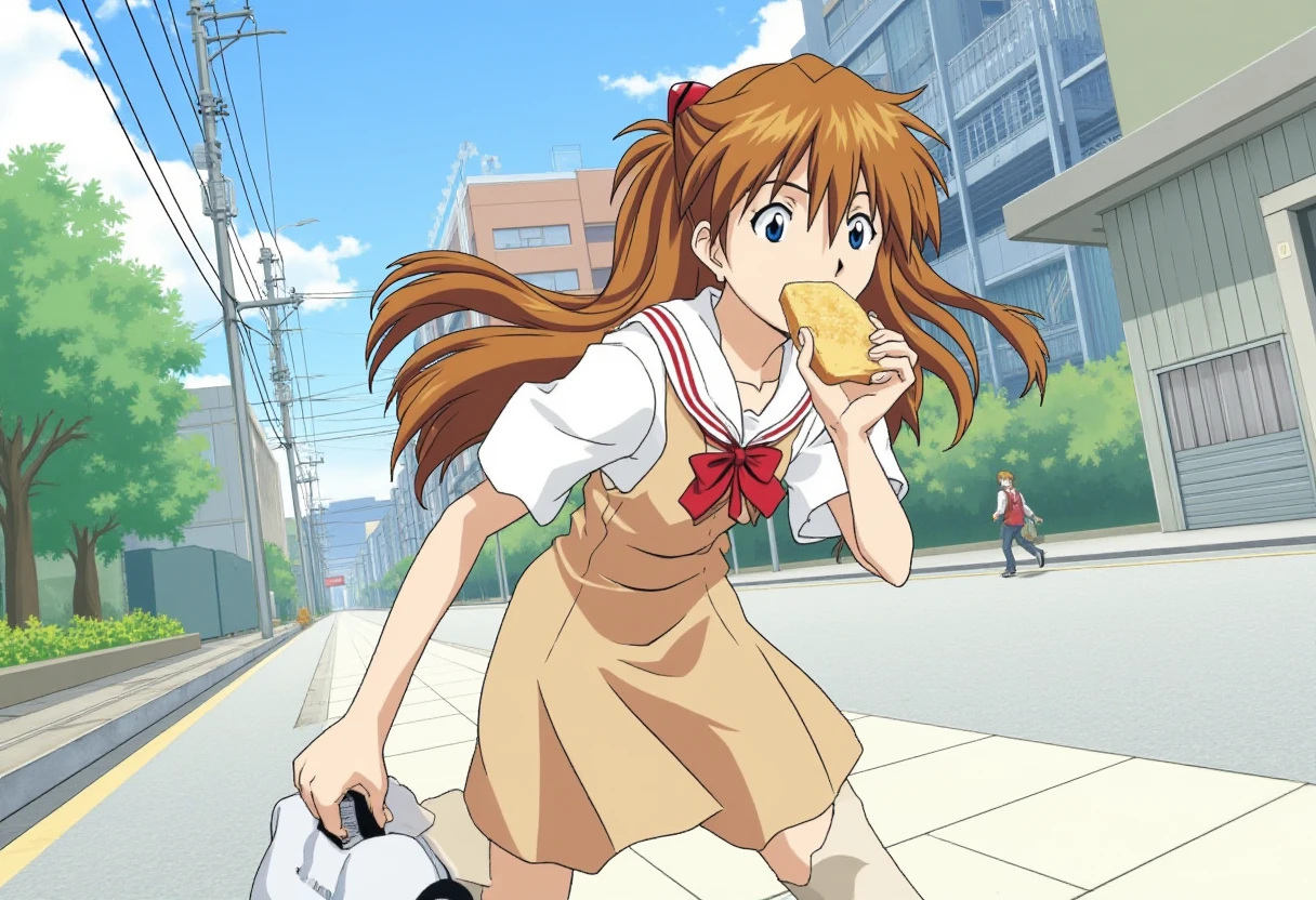 ppasuka, a 14 year old girl, is running to school. She is running late, and she looks nervous and hurried. She wears the new tokyo-3 middle school uniform, with school bag in one hand. She carries a wheat toast between her teeth as she didn't have time to finish the breakfast. 
<lora:asuka_1_2_flux-000005:1>, anime,