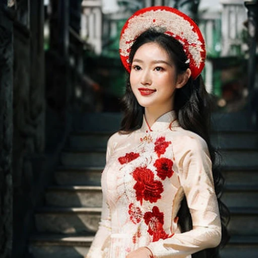 A close-up of a young woman wearing a traditional Vietnamese red áo dài with delicate white bird embroidery. The focus is on her face, highlighting her bright, expressive eyes and gentle smile. She is wearing a traditional red headpiece adorned with flowers, and her hair is neatly styled. The background is softly blurred, emphasizing her facial features and the intricate details of her traditional outfit, with natural light softly illuminating her face.
  <lora:vngirls:1> Vietnam, Vietnamgirls, Sexy, Woman <lora:aodaicuoi:1> aodaicuoi