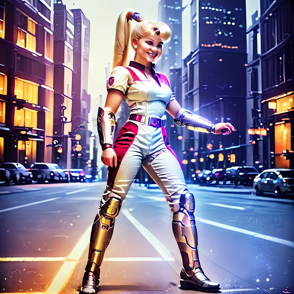 rollmega, standing on the street, in the city, sexy woman, realistic, smooth, high details, masterpiece, 4k, smile, scifi, blonde, ponytail, android