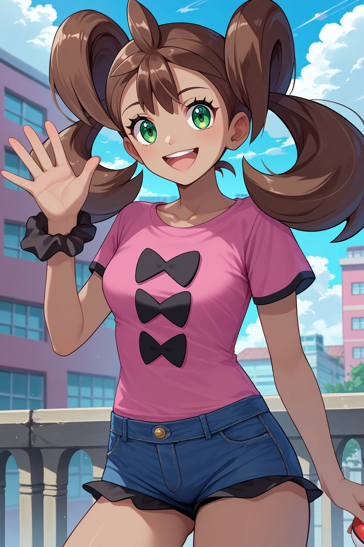 score_9, score_8_up, score_7_up, score_6_up, source_anime, 1girl, solo, <lora:pkmnshauna-pdxl-nvwls-v1-000005:1> defSana, dark-skinned female, twintails, brown hair, long hair, green eyes, pink shirt, denim shorts, wrist scrunchie, medium breasts, happy, looking at you, blue sky, clouds, city, upper body, collarbone, portrait, holding poke ball, waving