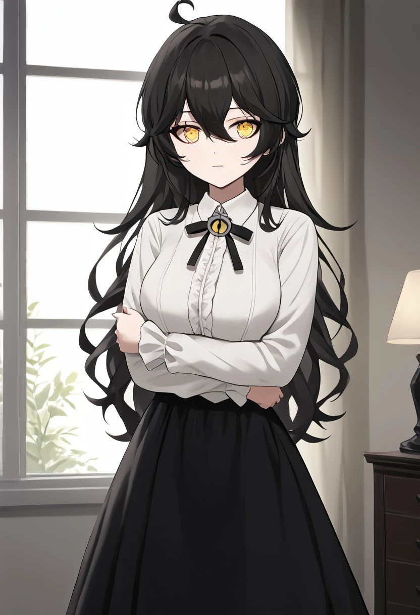 1girl, solo, highres, GrimmiVT, long hair, black hair, yellow eyes, hair between eyes, bangs, ahoge,
long sleeves, white shirt, black skirt, suspender skirt, neck ribbon, frills, collared shirt, long skirt,
((holding own arm, arm under breasts,)
indoor, goth fashion, backlighting,