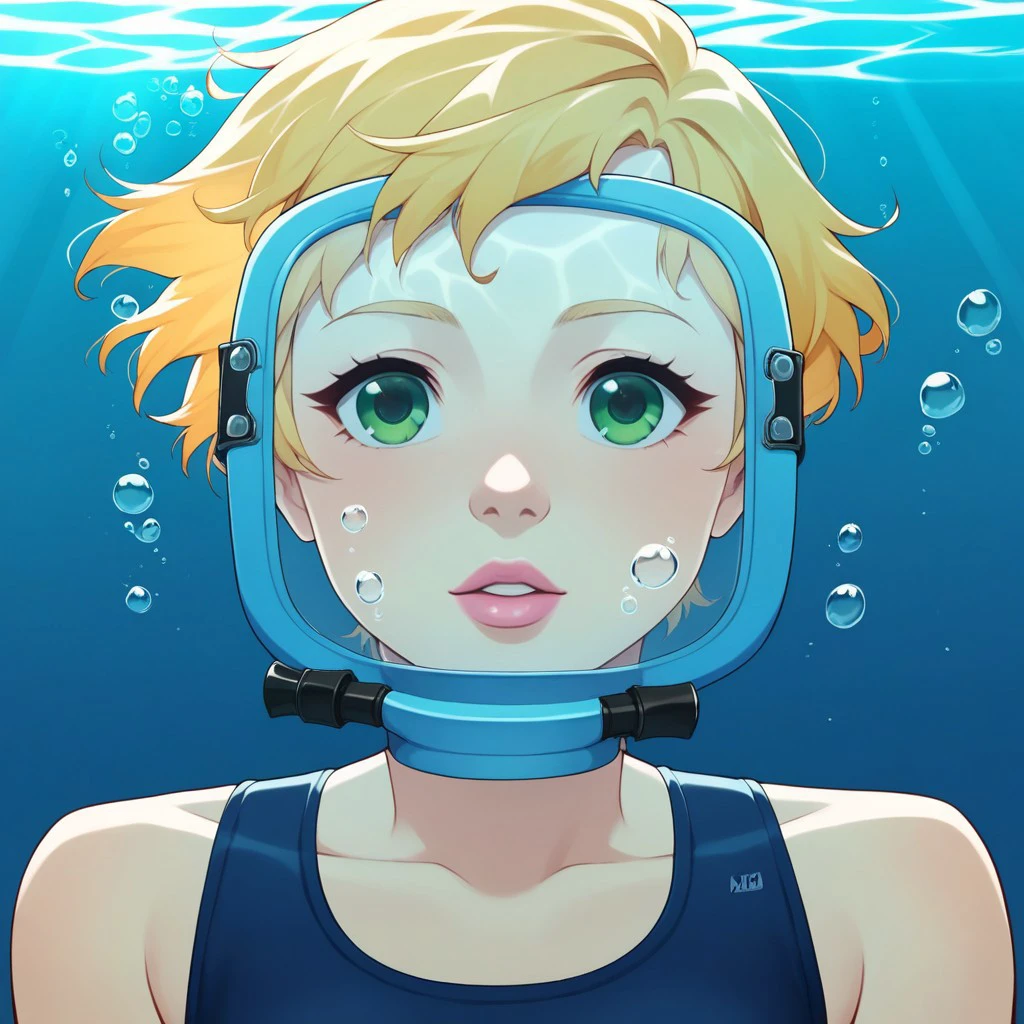 score_9, score_8_up, score_7_up, score_6_up, score_5_up, score_4_up, source_anime, BREAK
solo, (face-sized blue divemask, blue glass), strap, buckle, pink lips, (1girl), green eyes, (swimming:0.88), (underwater:0.87), (solo:0.87),  (diving:0.69), (air bubble:0.59), (open mouth:0.58), (water:0.52), (one-piece swimsuit), (blonde hair), (short hair).