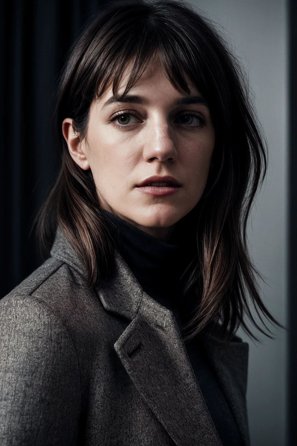 CharlotteG_SoloTI_v1,
(In a tailored, dark coat and a sleek turtleneck, her hair neatly styled in a sharp bob, with an intense, calculating expression that reveals a deep focus and hidden tension), (Within a dimly lit, modern apartment, where the sleek, minimalist décor contrasts with the shadows and the faint glow of city lights through the windows, the atmosphere is charged with suspense and underlying danger), (suspenseful:1.3), (digital, muted tones, sharp focus, cool colors, cinematic shot:1.3),
<lora:add_detail:0.6> epiCPhoto, PA7_Portrait-MCU