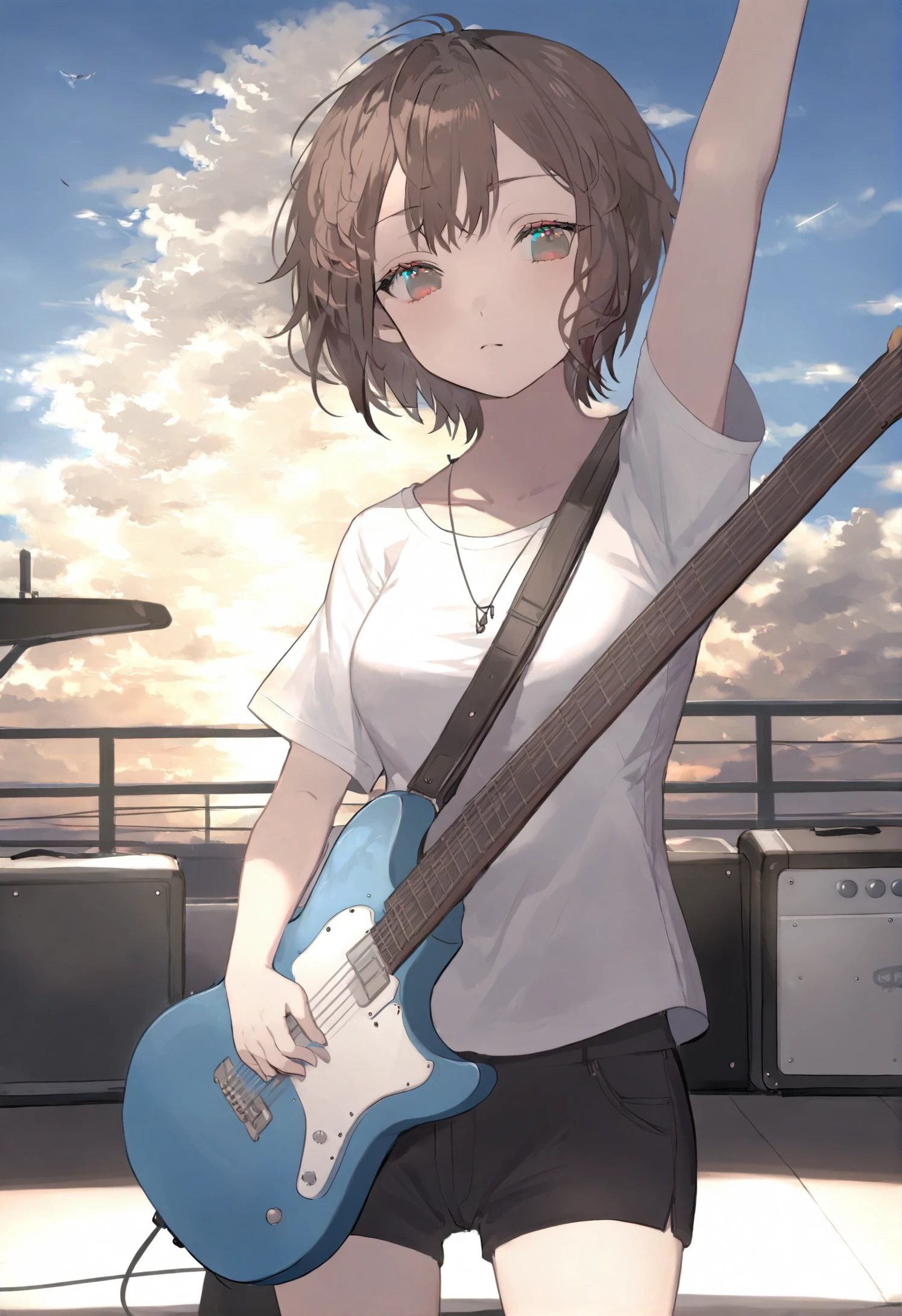 masterpiece, best quality, 1girl, guitar, solo, instrument, sky, outdoors, short hair, shirt, arm up, cloud, blue sky, white shirt, electric guitar, short sleeves, standing, black hair, brown hair, closed mouth, day 
 <lora:karohrokaXLlokr4f-000180:0.95>