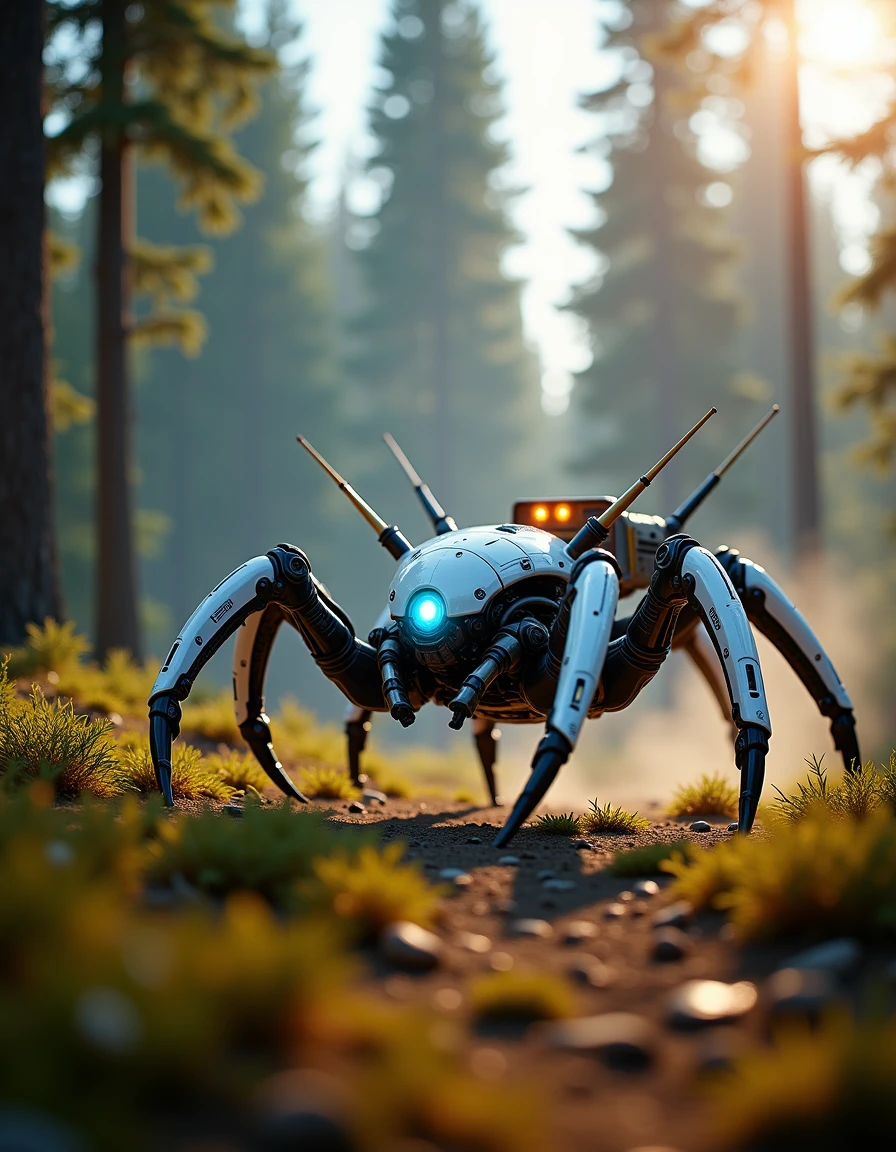 H0riz0nMach1ne, robotic, a white Spider, in a post Apocalyptic forest, bokeh, anamorphic lens flare