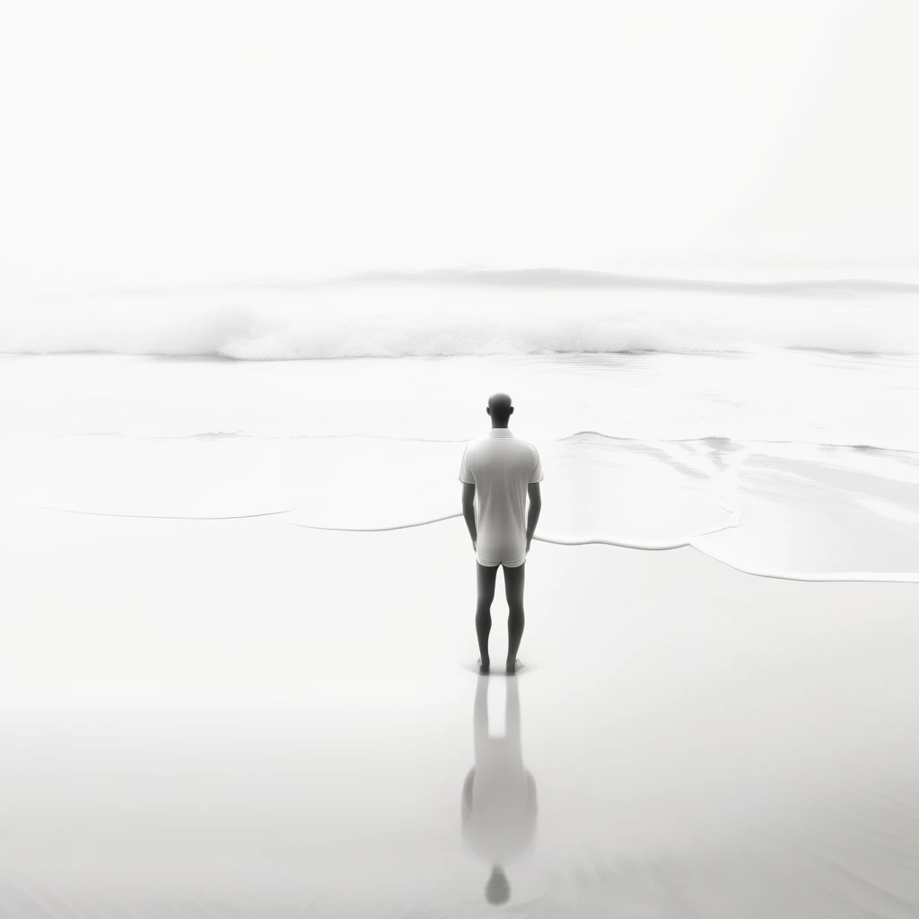 Graphite drawing in black and white of a man walking in the sea. The drawing should be positioned only in the lower part of the image, with the rest of the space left completely white. The man’s posture and expression should be detailed, and the sea should feature gentle waves with realistic ripples and foam. The stark white background should create a sharp contrast against the drawing, enhancing the sense of tranquility and the interaction between the man and the water. Pay close attention to the texture of the water and the shadows of the man, while keeping the upper part of the image free from any additional elements.