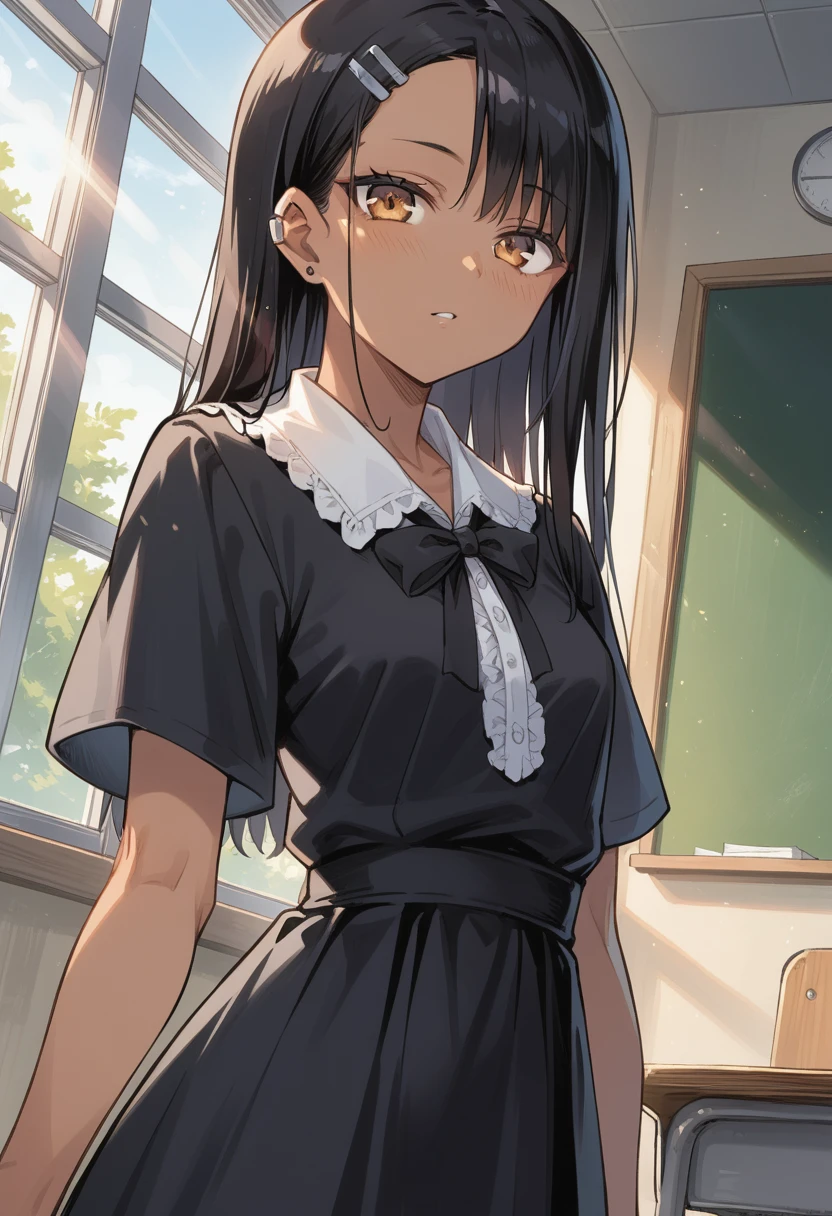 score_9, score_8_up, score_7_up, source_anime, BREAK <lora:Nagatoro:0.6> N4G4T0R0, solo, dark skin, hairclip, earclip, looking at viewer, black dress, gothic, light particles, light rays, window, dutch angle, straight-on, classroom,