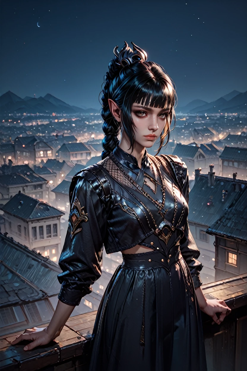 score_9, score_8_up, score_7_up, score_6_up
<lora:BGShadowH:1.0>
BGShadowH, 1girl, braided ponytail, pointy ears, black hair, blunt bangs, looking at viewer, overlooking the city from a rooftop bar at night, chic outfit, standing