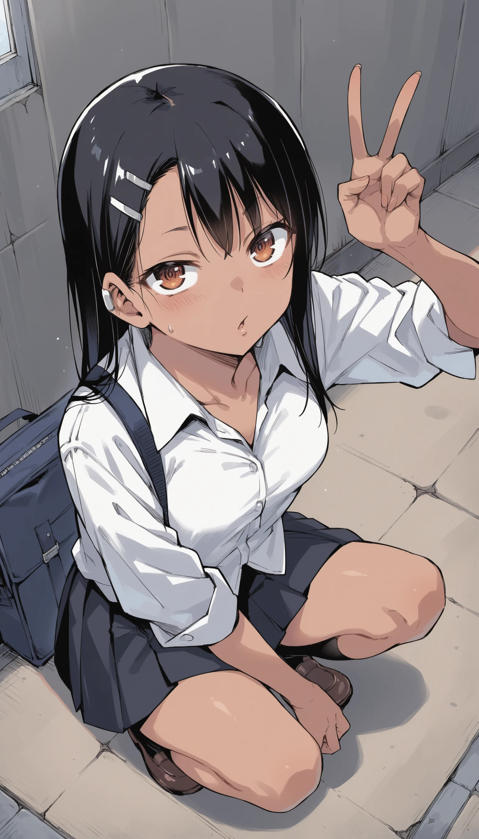 score_9, score_8_up, score_7_up, source_anime, BREAK 1girl,  <lora:Nagatoro-000007:0.8> N4G4T0R0, school uniform, white shirt, black skirt, squatting, v, uneven eyes, dutch angle, from above