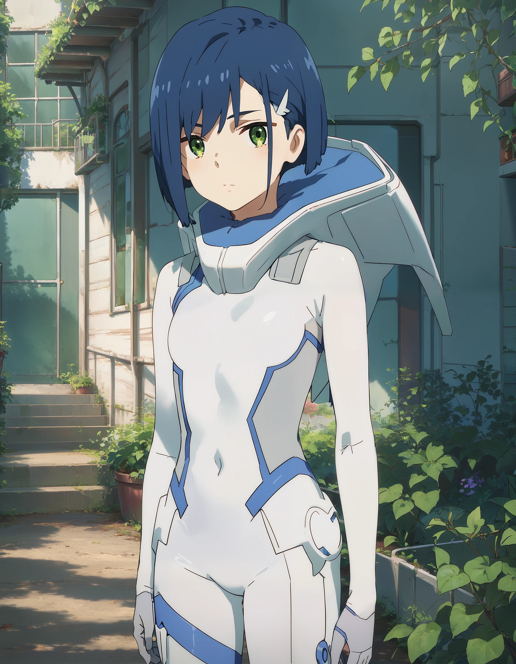 score_9, score_8_up, score_7_up, source_anime, masterpiece, best quality, perfect anatomy, very aesthetic, absurdres, 1girl, solo,

ichigo_franxx, blue hair, short hair, hairpin, green eyes,
bodysuit, white bodysuit,

outdoors, indoors, looking at viewer, cowboy shot,