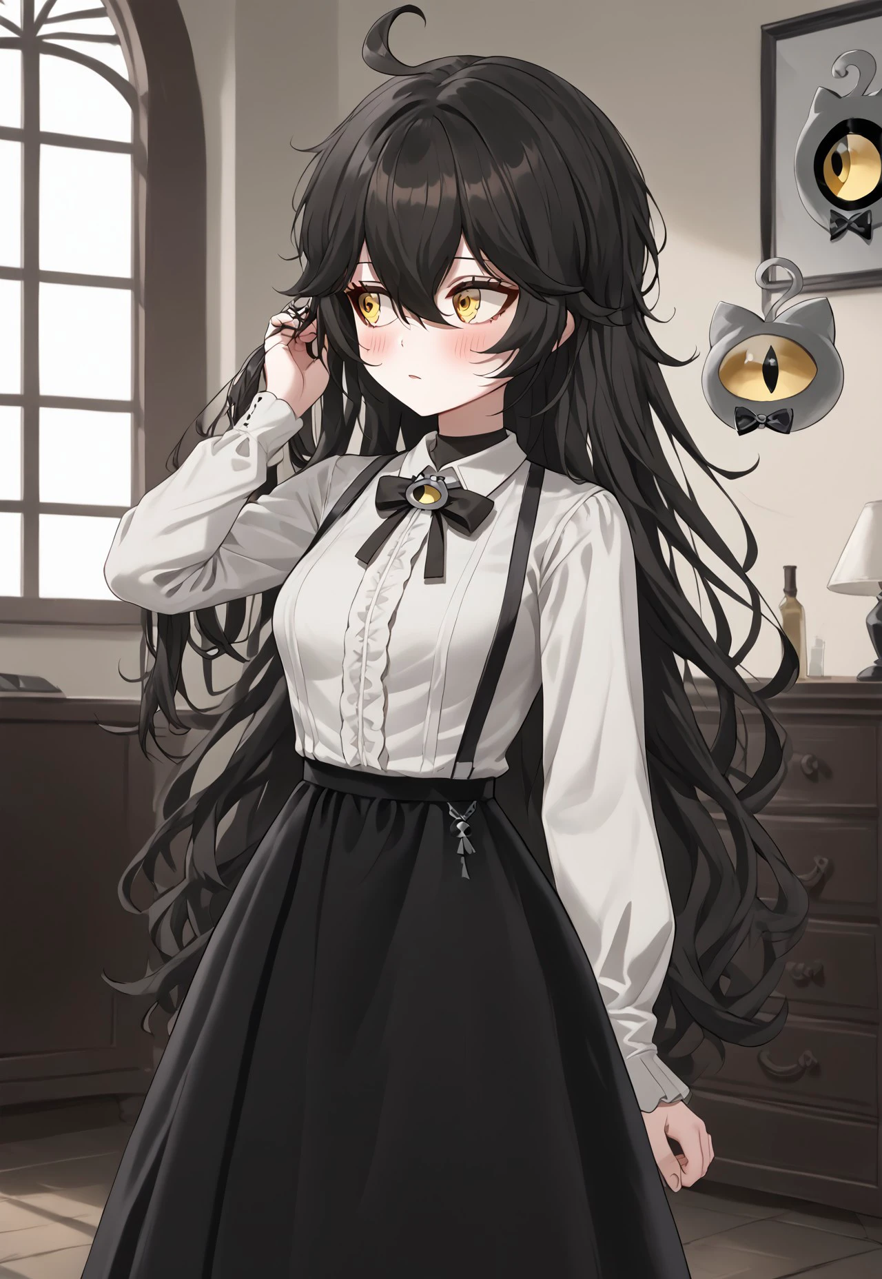 1girl, solo, highres, GrimmiVT, long hair, black hair, yellow eyes, hair between eyes, bangs, ahoge,

long sleeves, white shirt, black skirt, suspender skirt, black bow, frills, collared shirt, long skirt,

((looking away, blush, adjusting hair,))

indoor, goth fashion,