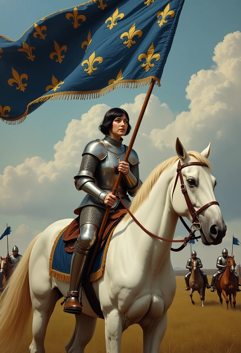 Masterpiece painting, dramatic angled-front view, , heroic painting of a beautiful girl on a medieval battlefield, short black hair, full-plate-mail armor, holding up a lance with a long and narrow blue and gold banner with hundreds of embroidered fleur-de-lis, defiance of an enemy, sitting on a large white steed,