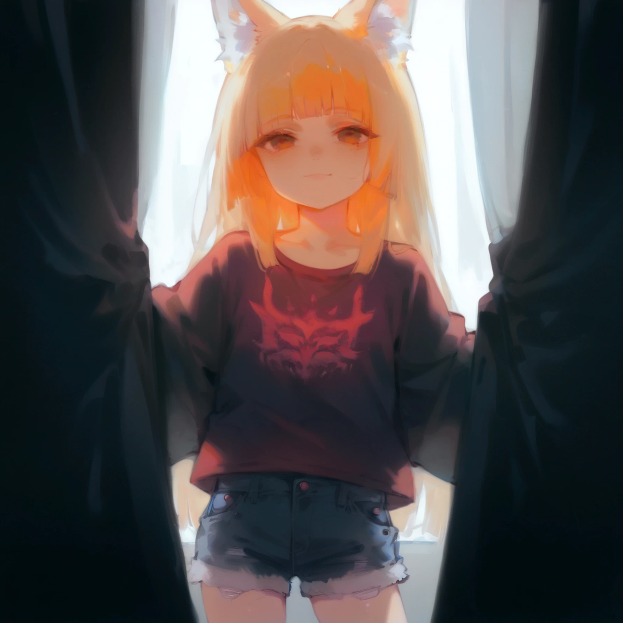 score_9, score_8_up, score_7_up, score_6_up, source_anime, best quality, hires, 
1girl, Through the curtain, white curtains, fox ears, [blonde:ginger:0.2] hair, long hair, (hime cut:1.3), blunt bangs, long bangs, straight hair, brown eyes, violet big t-shirt, long sleeves, denim shorts, small breasts, skinny, bow, light smile, [(tsurime, narrowed eyes:1.2):0.1]
sunset background, light background, red sunset, window
<lora:Through_the_curtain:0.7>, <lora:anti_human_ears:1.3>, <lora:Hime_Cut:0.9>