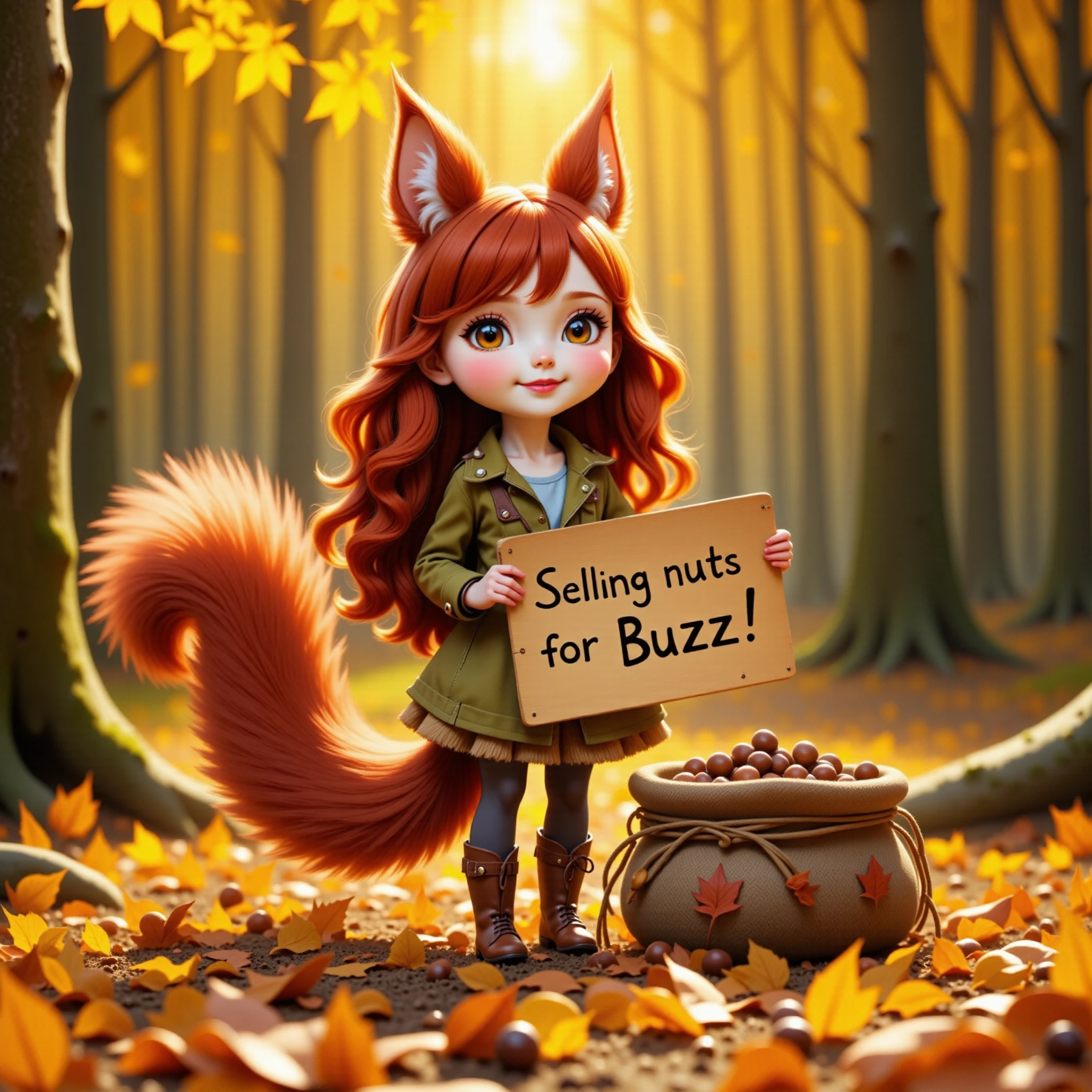 A young and beautiful squirrel girl stands amidst the vibrant hues of an autumn forest. narrow face, next to her is a big sack full of nuts, she holds a large wooden sign with black text "Selling nuts for Buzz!"  Her red hair cascades down in soft waves, blending seamlessly with the rich, fiery colors of the fallen leaves around her. She has delicate, squirrel-like features, including a small, upturned nose, large expressive eyes, and a pair of fluffy squirrel ears that poke out from her hair. Her outfit is made from natural materials, resembling a mix of leaves and bark, adorned with acorns and tiny woodland flowers. Behind her, a bushy squirrel tail curls elegantly, adding to her charm. The forest around her is alive with the warm colors of autumn,  golden yellows, deep oranges, and rich reds. The air is filled with the soft rustling of leaves and the earthy scent of the season. She looks curious and playful, embodying the spirit of the forest.