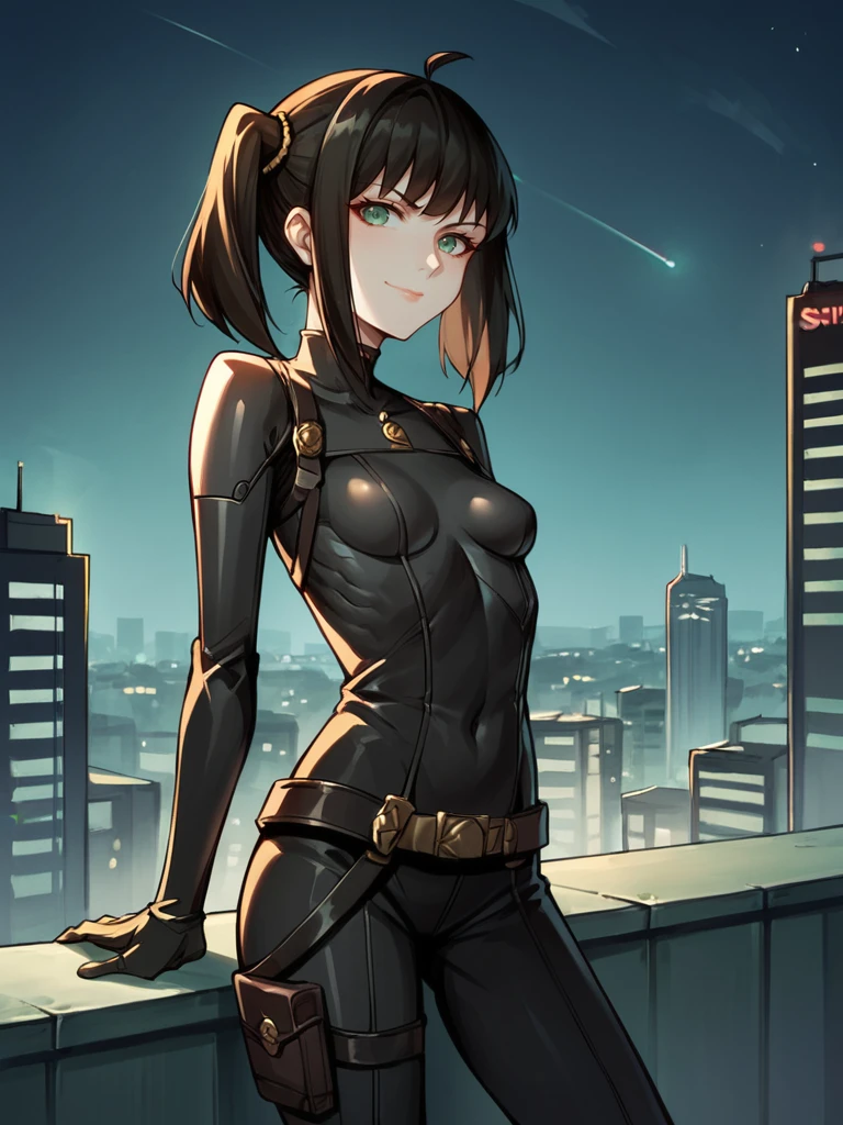 score_9, score_8_up, score_7_up, score_6_up, score_5_up, score_4_up, source_anime BREAK
1girl, female focus, <lora:Pala_N_-_2:0.9>, small breasts, black skintight assassin outfit with mesh cutouts and neon, rooftop, neon skyscraper, spy, night, city lights, pigtails, holster, sci fi, futuristic, quirky smirkâââ