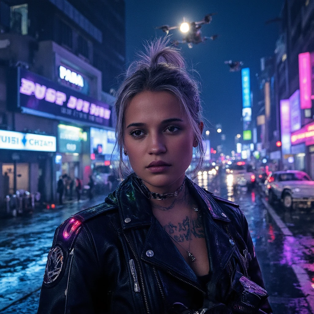 A cyberpunk cityscape at night, glowing with neon lights in shades of electric blue, pink, and green. (((In the foreground, confident al1v1k gazes directly at the viewer with bright, holographic tattoos and cybernetic enhancements))). She has silver mohawk hair and she wears a futuristic leather jacket with LED accents. Behind her, rain falls, reflecting the city's vibrant lights, and a group of flying drones passes overhead. 