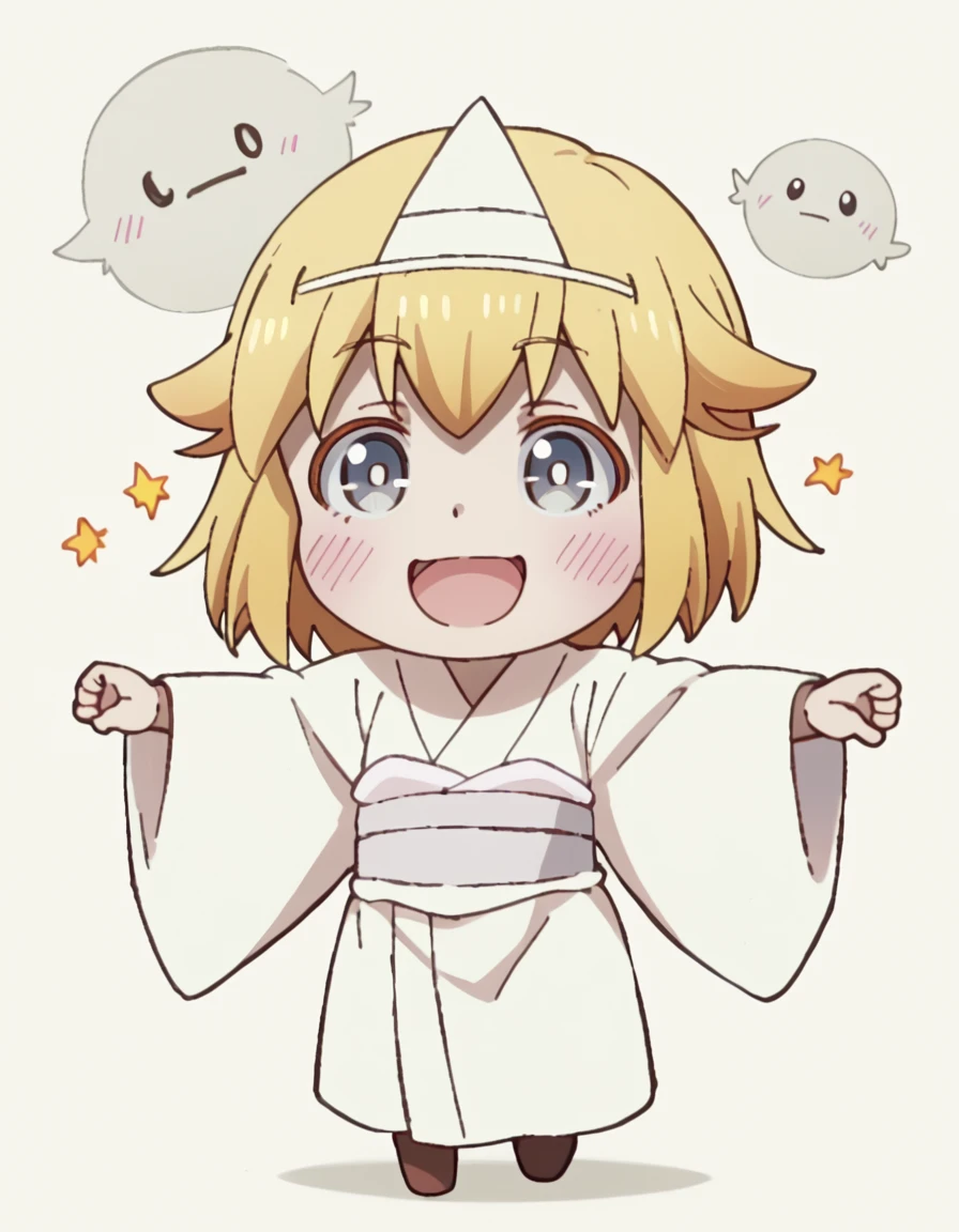 GhostGirl, short hair, blonde hair, chibi, grey eyes, hair flaps, white kimono, ghost, triangular headpiece, score_9, score_8_up, score_7_up, score_6_up, score_5_up, score_4_up, source_anime <lora:MissShachikuLittleBabyGhost:1>, Dynamic Pose, Happy,